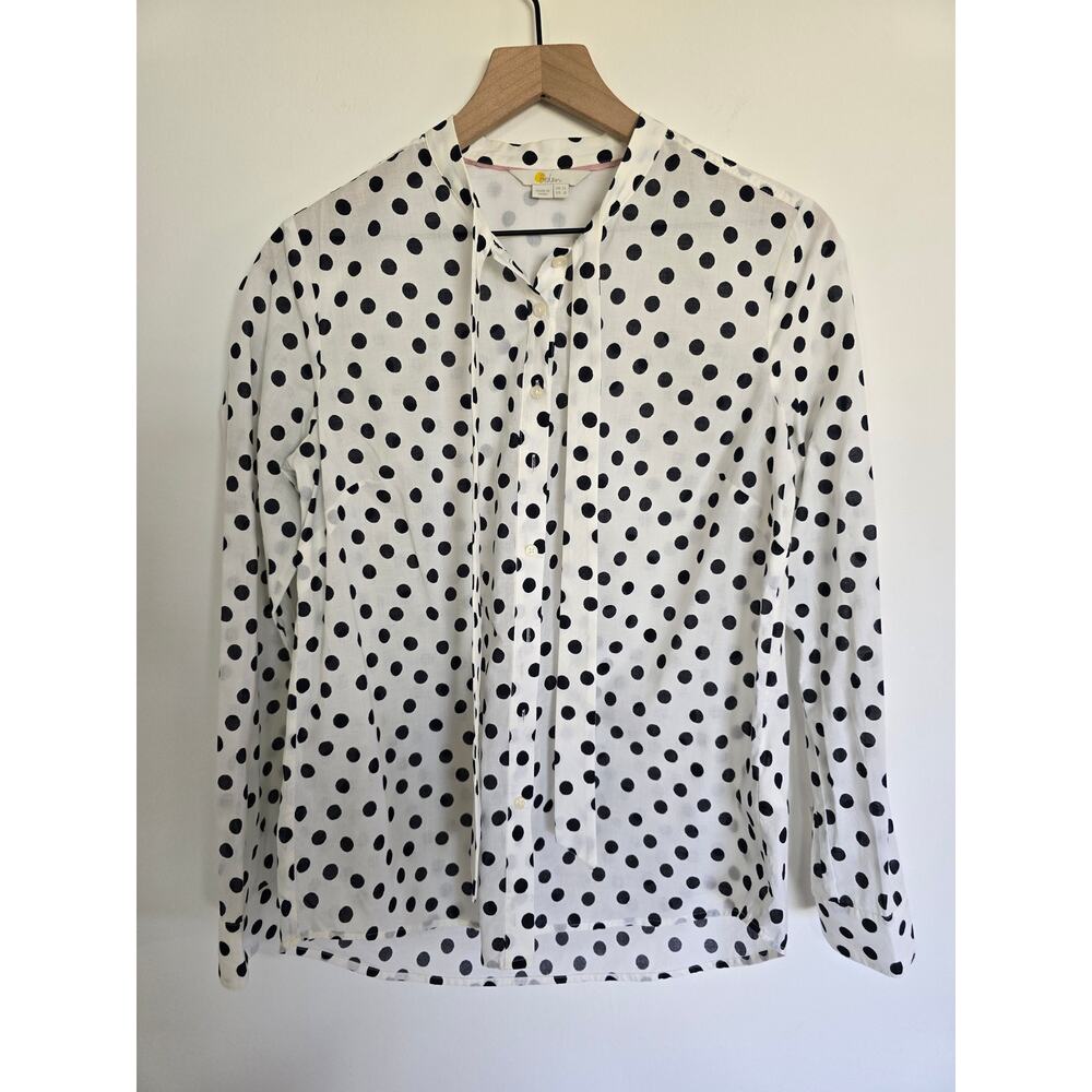 Boden Polka Dot Tie Neck Blouse Black White Cotton Size 8